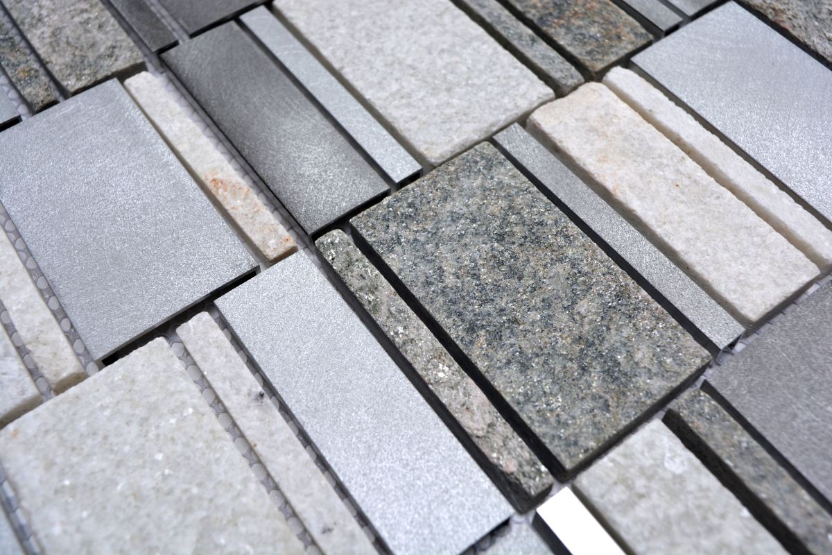 Mosaik Fliese Quarzit Naturstein Aluminium Silber Grau Hellbeige