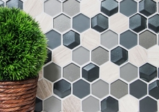 Mosaikfliesen Küchenrückwand grau Hexagon Glasmosaik Stein 3D MOS11D-22_f
