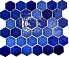 Handmuster Mosaikfliese Keramik Mosaik Hexagonal blau glänzend Küche Wand Bad MOS11K-SAN7_m