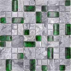 Naturstein Glasmosaik grau mit grün glänzend Wand Boden Küche Bad Dusche - MOS88-0405