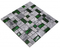 Naturstein Glasmosaik grau mit grün glänzend Wand Boden Küche Bad Dusche - MOS88-0405