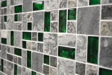 Naturstein Glasmosaik grau mit grün glänzend Wand Boden Küche Bad Dusche - MOS88-0405