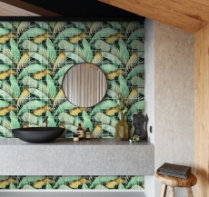 Glasmosaik Mosaikfliese Regenwald Grün Ockergelb Blätter Optik MOS88-Pic07