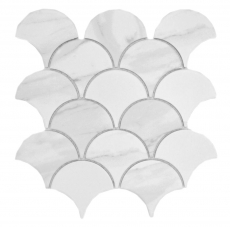 Handmuster Keramik Mosaik Fächer Cararra Fischschuppen weiß grau matt MOS13-FS0102_m