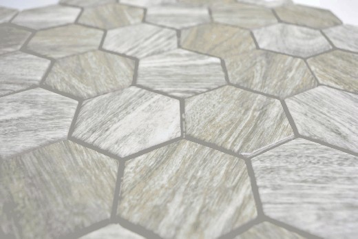 Handmuster Keramik Mosaik Hexagon Holzoptik grau Mosaikfliese Wand Fliesenspiegel Küche Bad MOS11H-0200_m