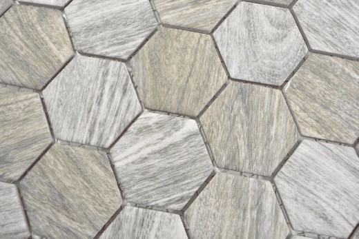 Handmuster Keramik Mosaik Hexagon Holzoptik grau Mosaikfliese Wand Fliesenspiegel Küche Bad MOS11H-0200_m