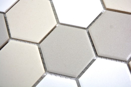 Handmuster Mosaik Fliese Keramik Hexagon weiß hellbeige hellgrau unglasiert MOS11B-1122-R10_m