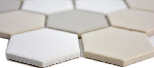 Handmuster Mosaik Fliese Keramik Hexagon weiß hellbeige hellgrau unglasiert MOS11B-1122-R10_m