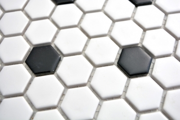 Hexagonale Sechseck Mosaik Fliese Keramik schwarz weiß matt Fliesenspiegel Küche Wandverblender Badfliese WC - MOS11A-0301