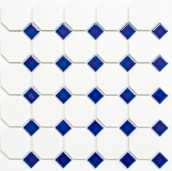 Handmuster Mosaik Fliese Keramik blau Octagon weiß matt blau glänzend Wandfliesen Badfliese MOS13-OctaG464_m