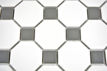Handmuster Mosaik Fliese Keramik metallgrau Octagon weiß matt metall glänzend MOS13-0122_m
