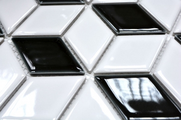 Würfel Mosaik Fliese Keramik 3D weiß schwarz glänzend Wandfliesen Badfliese Küchenfliese - MOS13-OV01