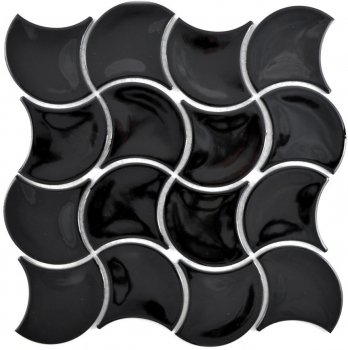 Handmuster Mosaik Fliese Keramik  Fächer schwarz glänzend Welle Wandfliesen Badfliese MOS13-FSW03_m