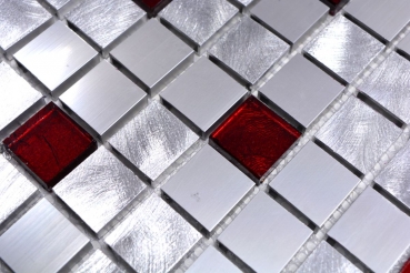 Mosaik Fliese Aluminium Glasmosaik silber rot Fliesenspiegel MOS49-O301F