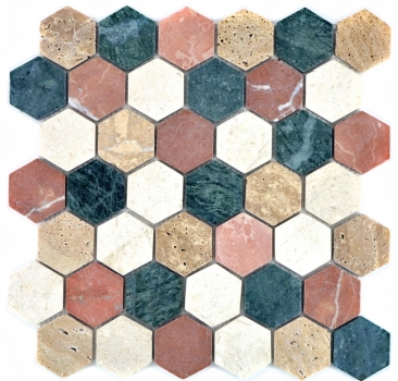 Handmuster Mosaik Fliese Marmor Naturstein creme beige rot grün Hexagon Random MOS42-1213_m