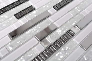 Glasmosaik Stäbchen Edelstahl silber weiss Fliesenspiegel Küchenwand MOS67-GV498