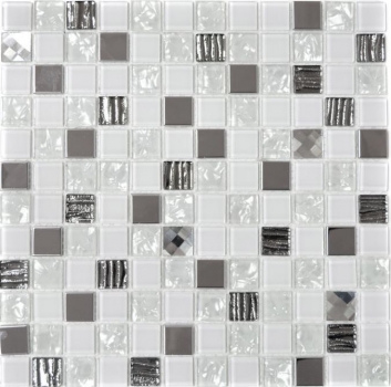 Mosaik Fliesen Edelstahl weiss silber Glasmosaik Mosaikplatte MOS63-CM-424