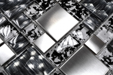 Mosaikfliese Transluzent Edelstahl schwarz silber Kombination Glasmosaik Crystal Stahl schwarz struktur MOS88-0203_f | 10 Mosaikmatten