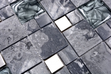 Handmuster Mosaikfliese Fliesenspiegel Transluzent Edelstahl grau Kombination Glasmosaik Crystal Stein Stahl grau MOS88-0204_m