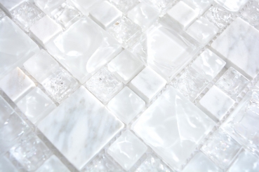 Handmuster Mosaikfliese Transluzent weiß Kombination Glasmosaik Crystal Stein weiß MOS87-v1411_m