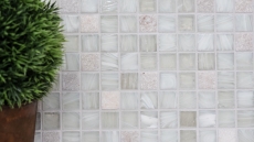 Naturstein Glasmosaik Mosaikfliesen cream weiß altweiß hellbeige Küchenrückwand Fliesenspiegel Wand Küche - MOS94-2503