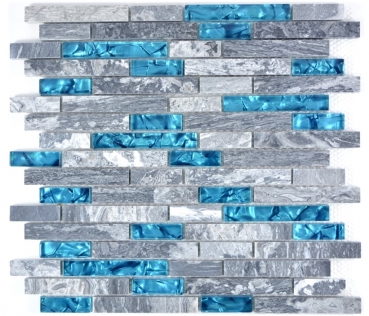 Glasmosaik Naturstein Stäbchen Marmor Mosaikfliesen grau blau anthrazit Fliesenspiegel Wandverblender Bad - MOS87-0404