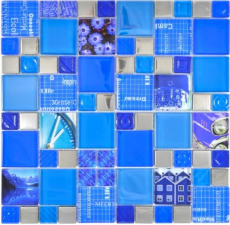 Motif main Mosaïque transparente Crystal Mosaïque de verre argent bleu mur carrelage cuisine douche salle de bain MOS88-0417_m