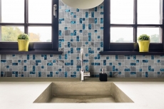 Piastrella di mosaico dipinta a mano Backsplash di piastrelle grigio traslucido Combinazione di mosaico di vetro Pietra di cristallo grigio blu MOS88-0404_m