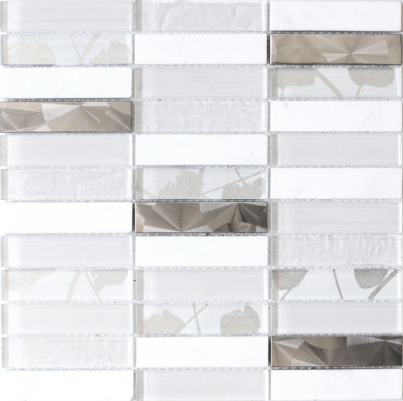 Piastrella di mosaico traslucida in acciaio inox bianco rettangolo di vetro mosaico Pietra di cristallo acciaio bianco MOS87-11X_f