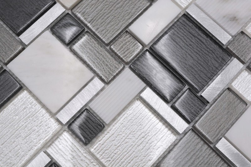 Piastrelle di mosaico alluminio bianco grigio combinazione vetro pietra alluminio MOS49-FK02_f
