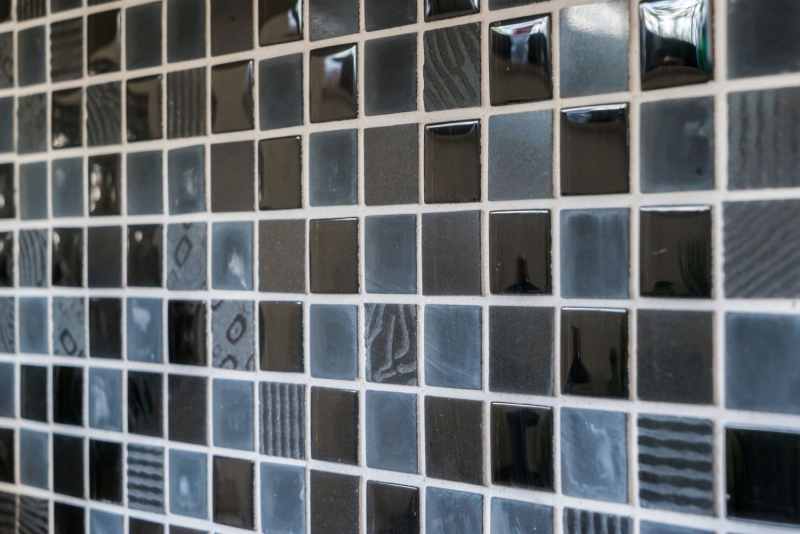 Piastrella di mosaico per cucina Traslucido grigio scuro nero Mosaico di vetro Pietra di cristallo Rilievo grigio scuro nero MOS83-HQ29_f