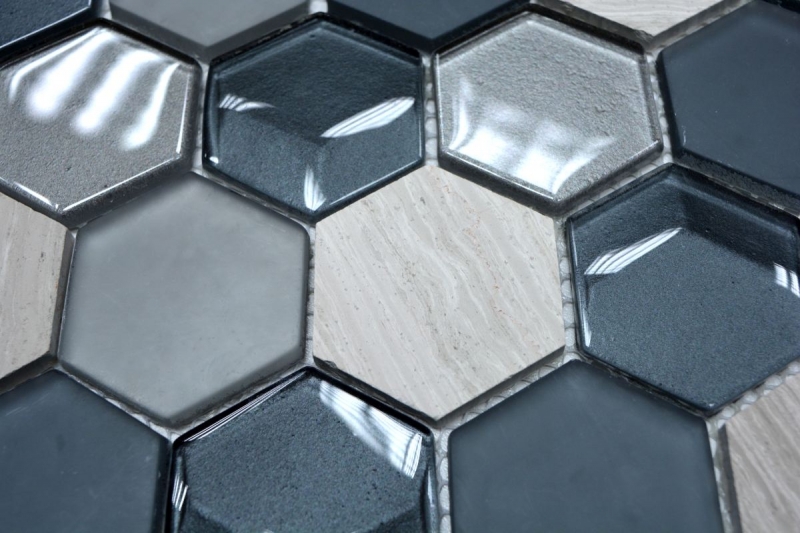 Piastrelle mosaico cucina grigio esagono vetro mosaico pietra 3D MOS11D-22_f