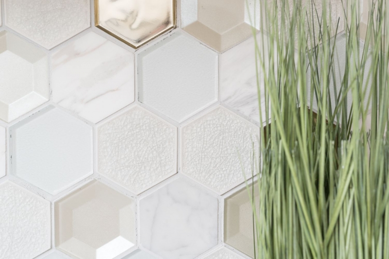 Mosaikfliese Küchenrückwand Transluzent weiß Hexagon Glasmosaik Crystal Stein 3D weiß MOS11E-66_f