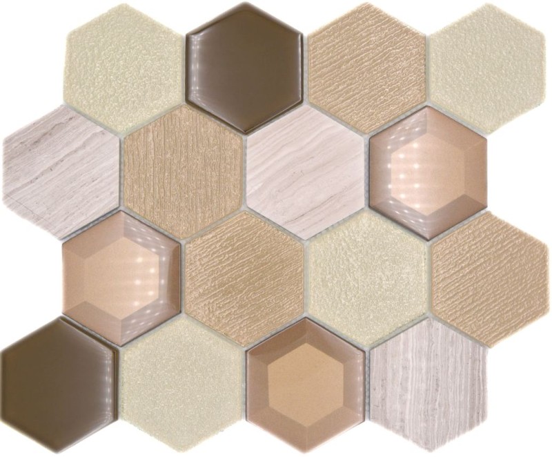 Piastrella di mosaico beige traslucido Mosaico di vetro esagonale Pietra di cristallo 3D beige MOS11E-77_f