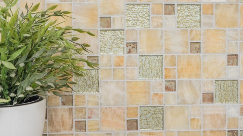 Piastrella di mosaico per cucina traslucida ambra oro combinazione di vetro mosaico cristallo pietra onice eleganza oro MOS88-MC649_f