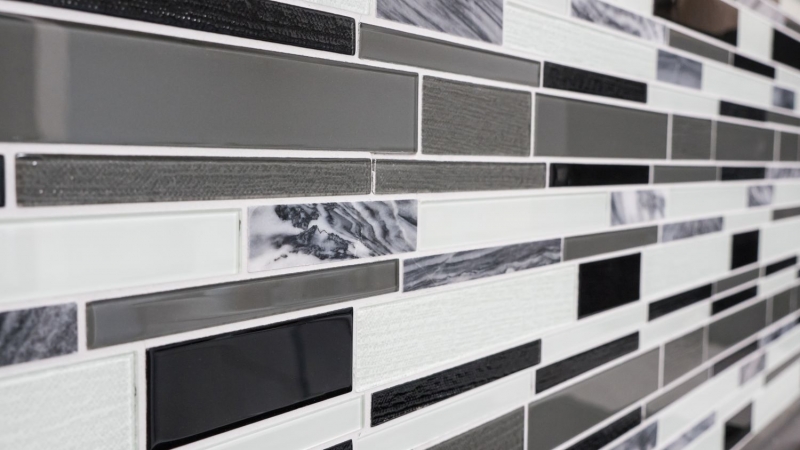 Mosaikfliesen Küchenrückwand grau schwarz Verbund Glasmosaik Stein klar grau MOS67-GV34_f