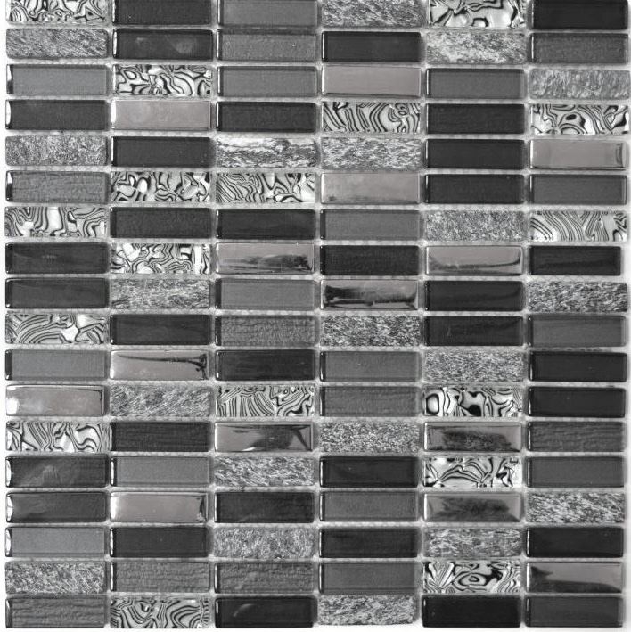 Mosaic tile kitchen splashback translucent silver gray black rectangle glass mosaic Crystal stone black MOS87-SM88_f