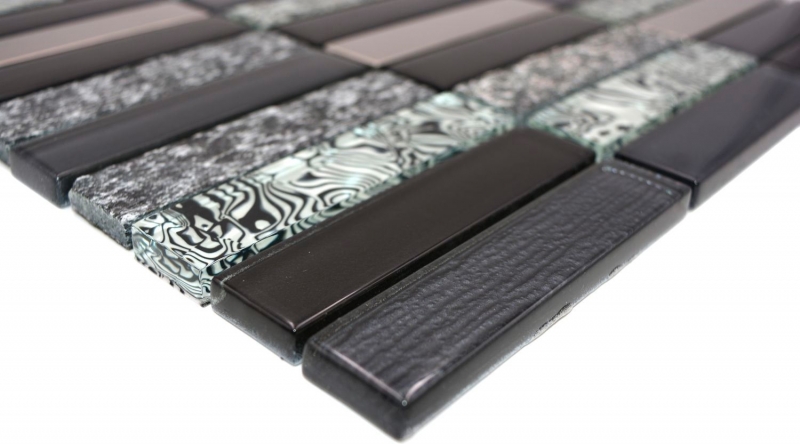 Mosaikfliese Küchenrückwand Transluzent silber grau schwarz Rechteck Glasmosaik Crystal Stein schwarz MOS87-88X_f