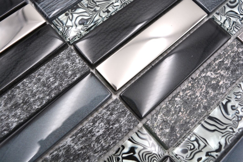 Carreau de mosaïque fond de cuisine translucide argent gris noir rectangle mosaïque de verre Crystal pierre noire MOS87-88X_f