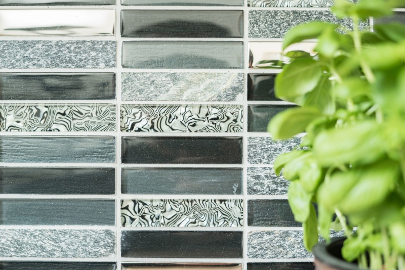 Mosaikfliese Küchenrückwand Transluzent silber grau schwarz Rechteck Glasmosaik Crystal Stein schwarz MOS87-88X_f