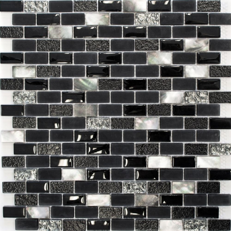Mosaic tile kitchen splashback translucent black brick glass mosaic crystal stone shell black MOS87-B03S_f