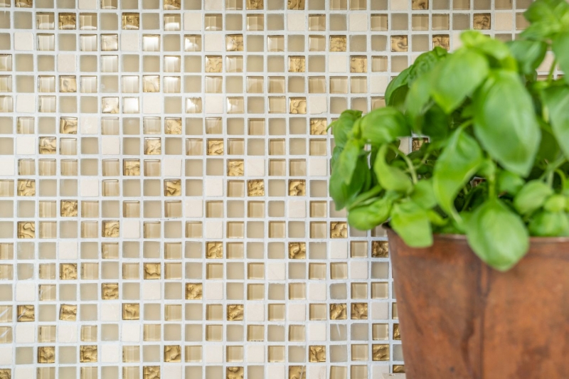 Mosaic tile kitchen splashback translucent white gold glass mosaic Crystal stone white matt gold MOS92-1201_f