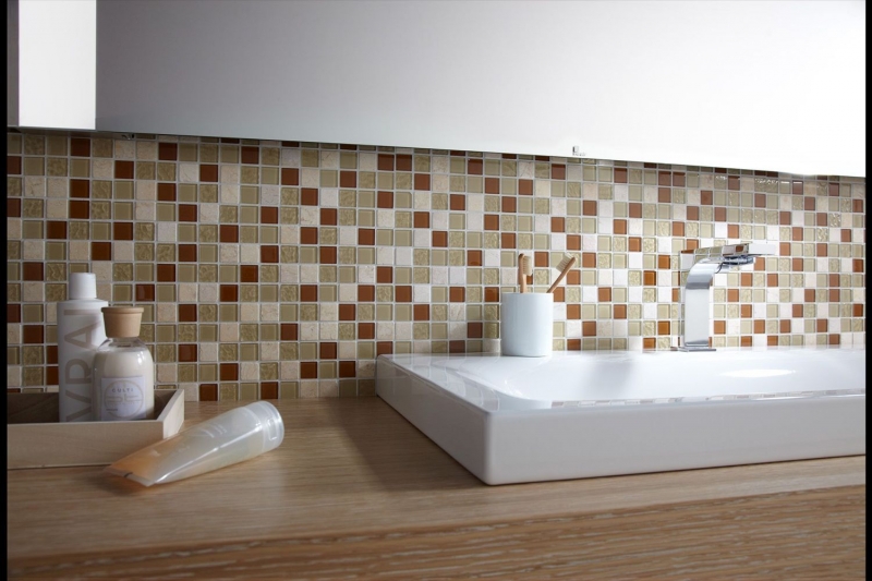Mosaic tiles kitchen splashback beige glass mosaic stone MOS62-1204-GN_f