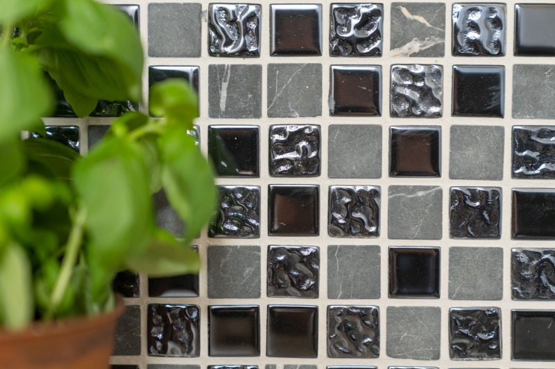 Mosaic tiles kitchen splashback gray black glass mosaic stone MOS62-0302-GN_f
