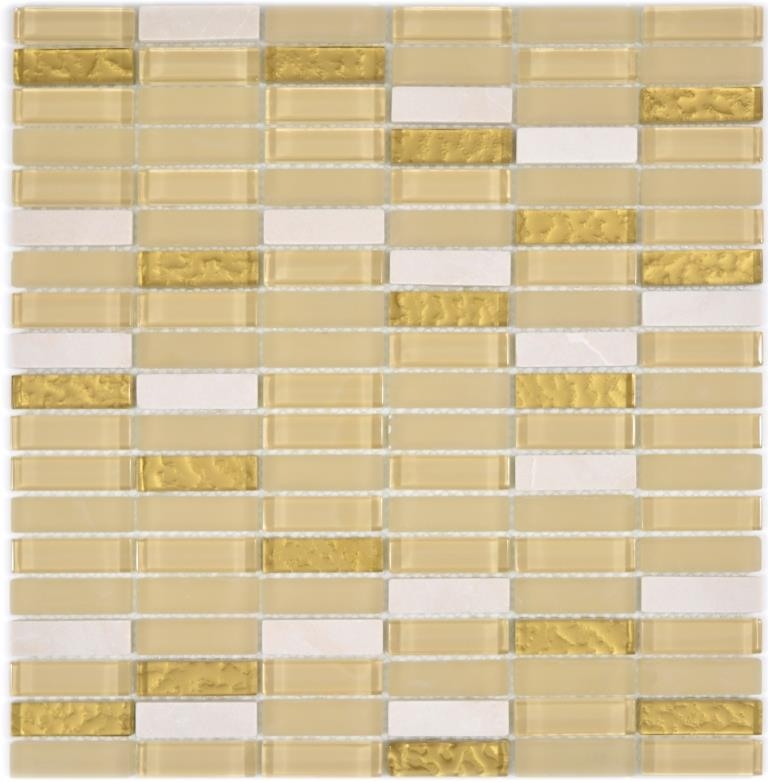 Mosaikfliese Küchenrückwand Transluzent weiß gold Stäbchen Glasmosaik Crystal Stein weiß matt gold MOS87-1202_f