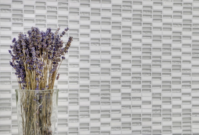 Piastrelle a mosaico per lalzatina della cucina Barre bianche traslucide Mosaico di vetro Pietra di cristallo bianco bianco opaco MOS87-1401_f