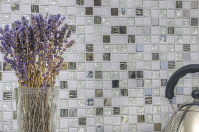 Piastrelle di mosaico per cucina autoadesive acciaio inox vetro bianco mosaico acciaio vetro bianco MOS200-4CM24_f
