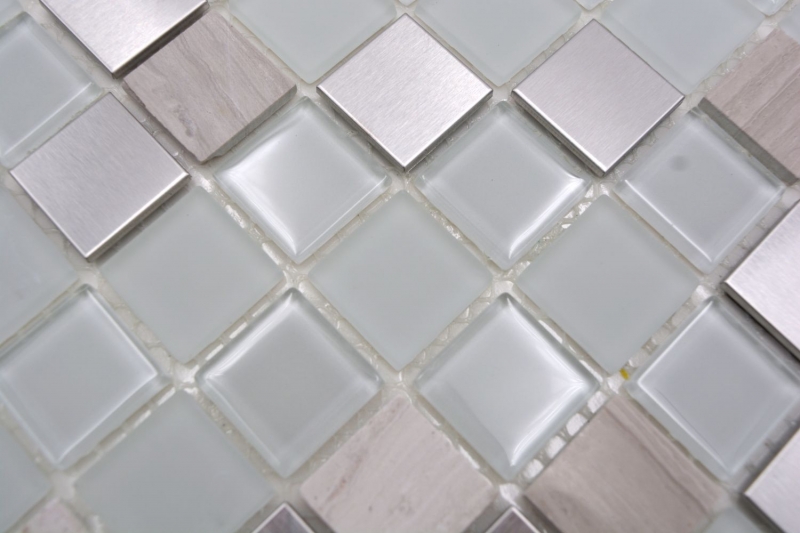 Mosaikfliesen Küchenrückwand selbstklebend Stein Edelstahl weiß Glasmosaik Stein Stahl weiß Glas MOS200-4CM32_f