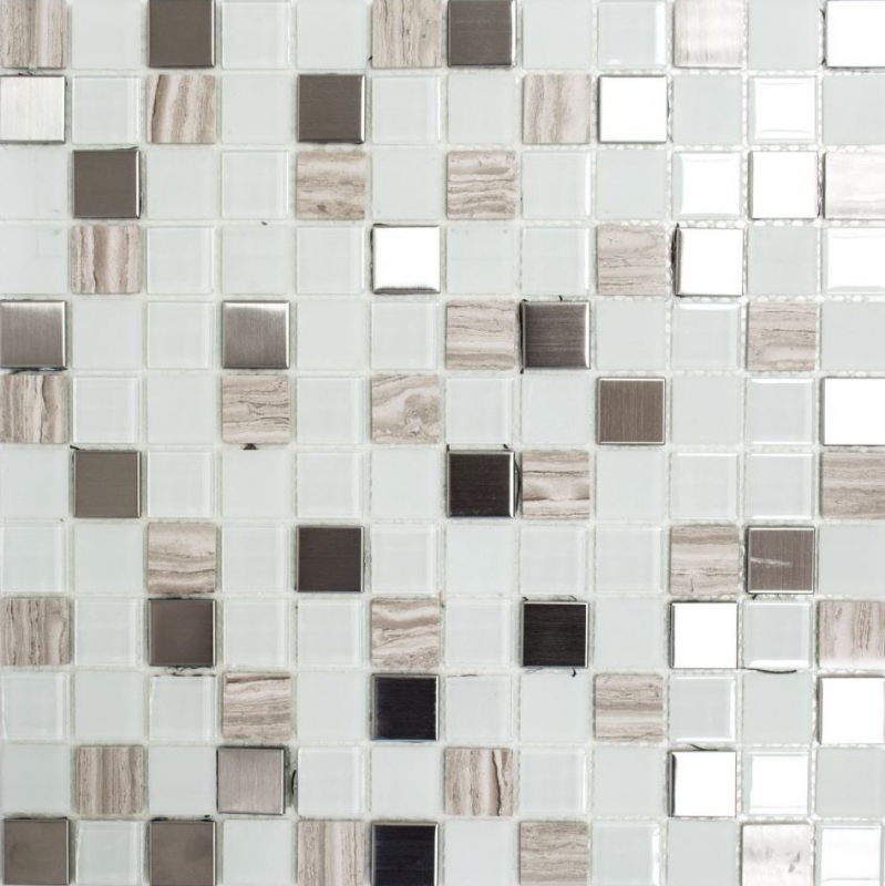 Mosaikfliesen Küchenrückwand selbstklebend Stein Edelstahl weiß Glasmosaik Stein Stahl weiß Glas MOS200-4CM32_f
