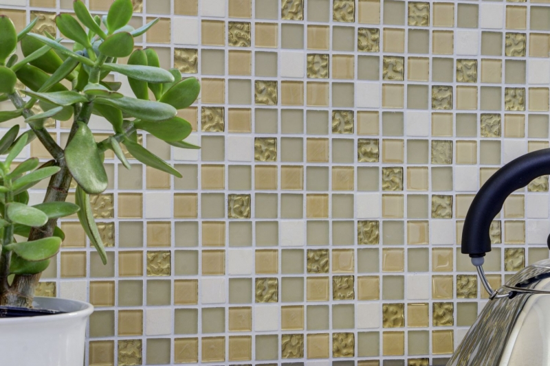 Mosaikfliesen Küchenrückwand selbstklebend Stein weiß gold Glasmosaik Stein weiß matt gold MOS200-4M362_f